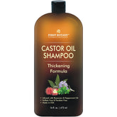 First Botany Castor Oil Shampoo bottle shows a hydrating, sulfate-free formula.