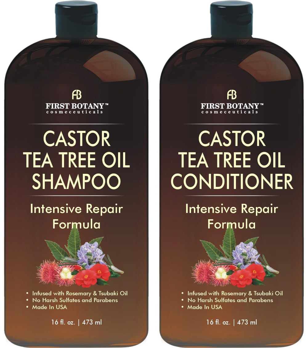 First Botany Castor Tea Tree Shampoo bottle promoting fuller-looking hair