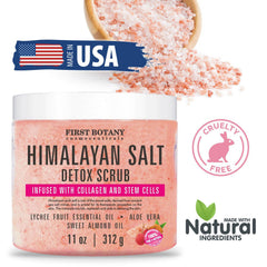 First Botany Himalayan Salt Scrub closeup – crystal salt texture for exfoliation.