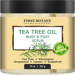 First Botany tea tree body scrub jar showing natural exfoliation for smoother skin