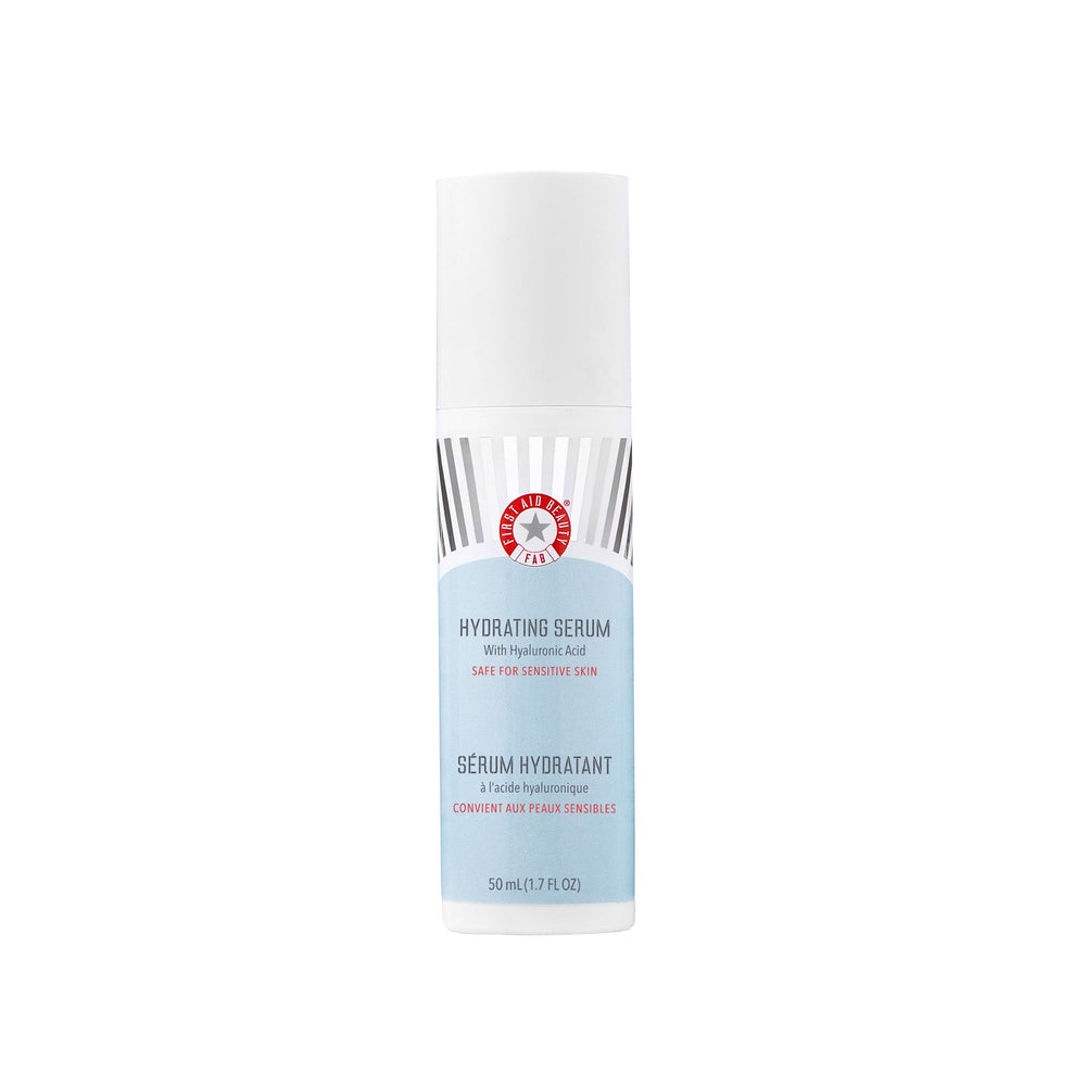 First Aid Beauty hydrating serum bottle showing hyaluronic acid for lasting moisture