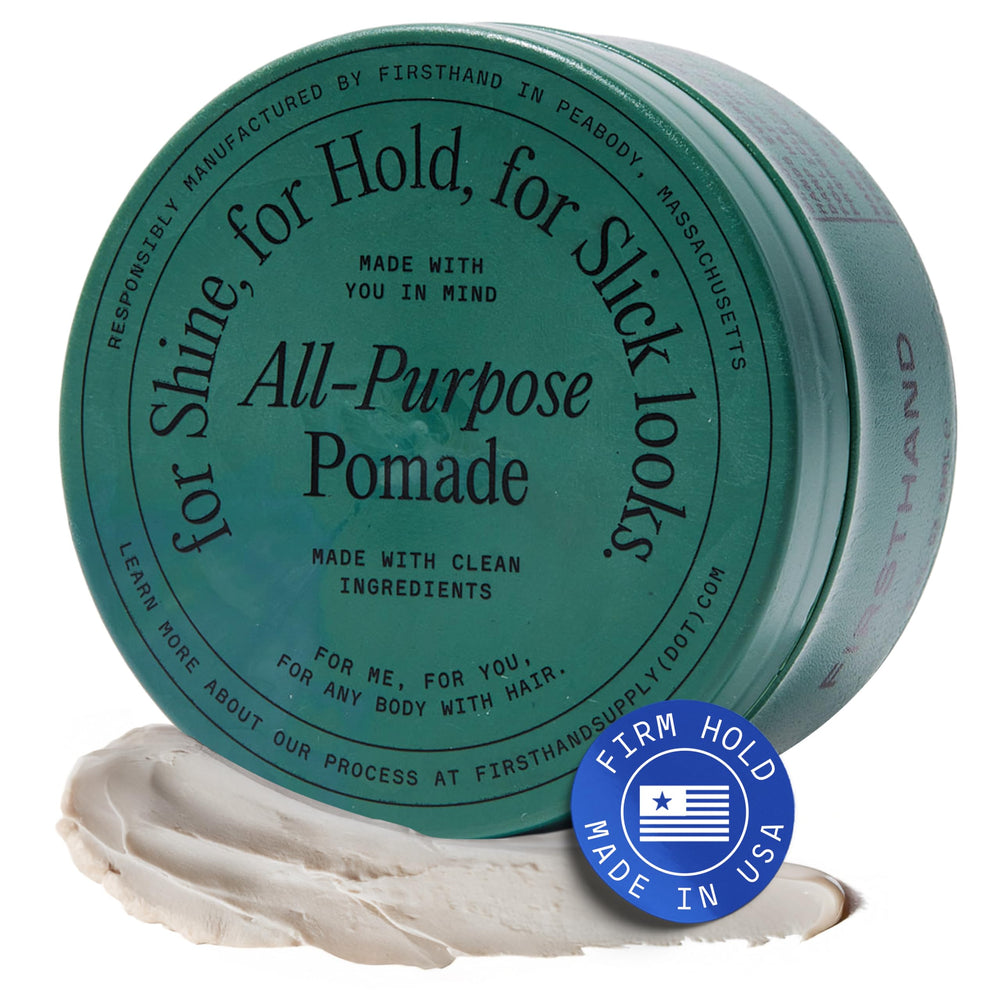 Firsthand Supply pomade jar close-up showing natural hold and low shine.