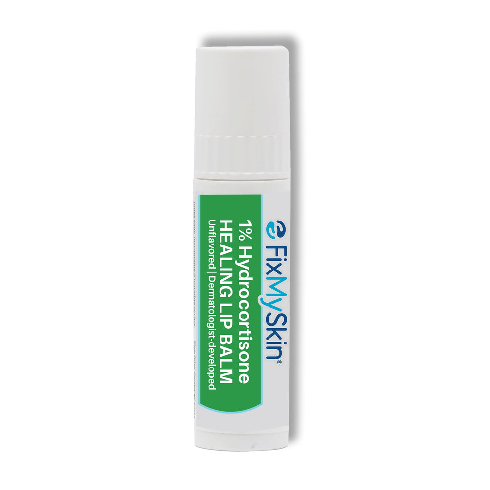 FixMySkin 1% hydrocortisone lip balm tube delivers targeted lip relief.