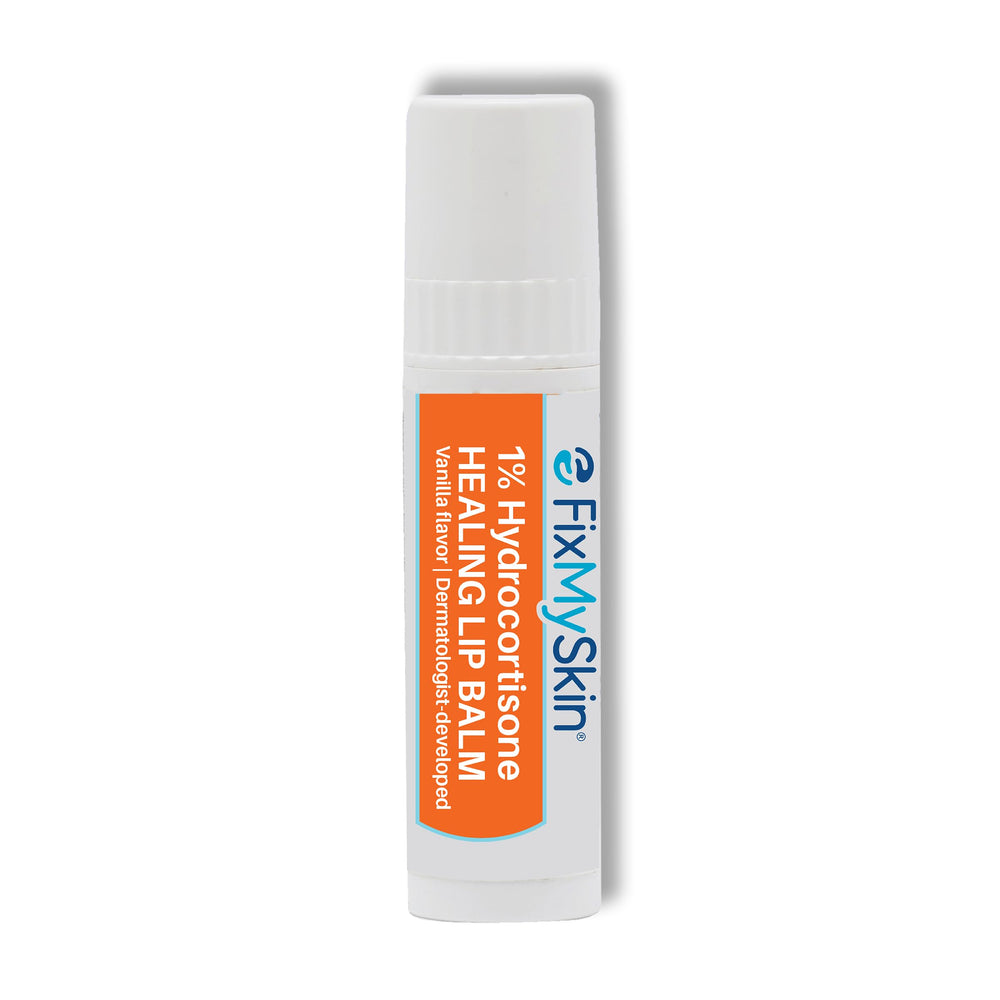 FixMySkin 1% Hydrocortisone Lip Balm Vanilla tube provides targeted relief for dry, cracked lips.