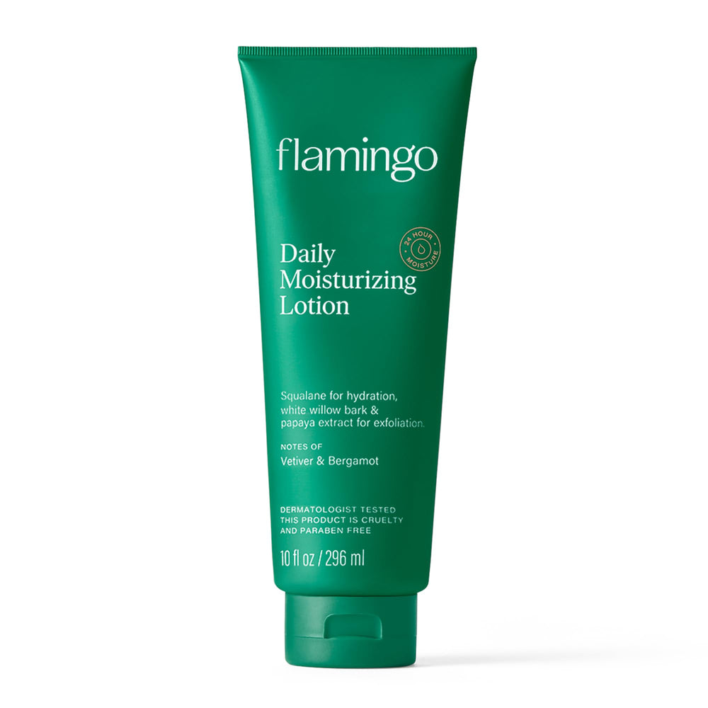 Flamingo Daily Moisturizing Lotion bottle highlights easy-to-use hydration for daily skin care