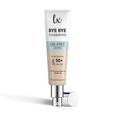 Flawless Radiance LX Blend Bye Bye Foundation bottle shows oil-free matte finish for all-day wear.