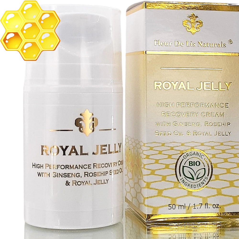Fleur De Lis Naturals Face Cream Royal Jelly bottle shows hydrated, dry skin benefits.