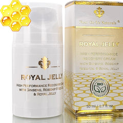 Fleur De Lis Naturals Face Cream Royal Jelly bottle shows hydrated, dry skin benefits.