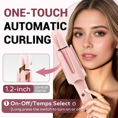 FlexiGlide curler two-way rotation creates versatile waves and coils for styling flexibility.