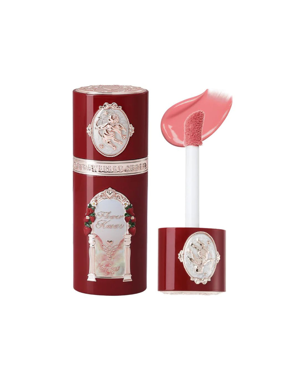 Flower Knows Strawberry Cupid Liquid Blush bottle pour reveals a dewy coral pink glow.