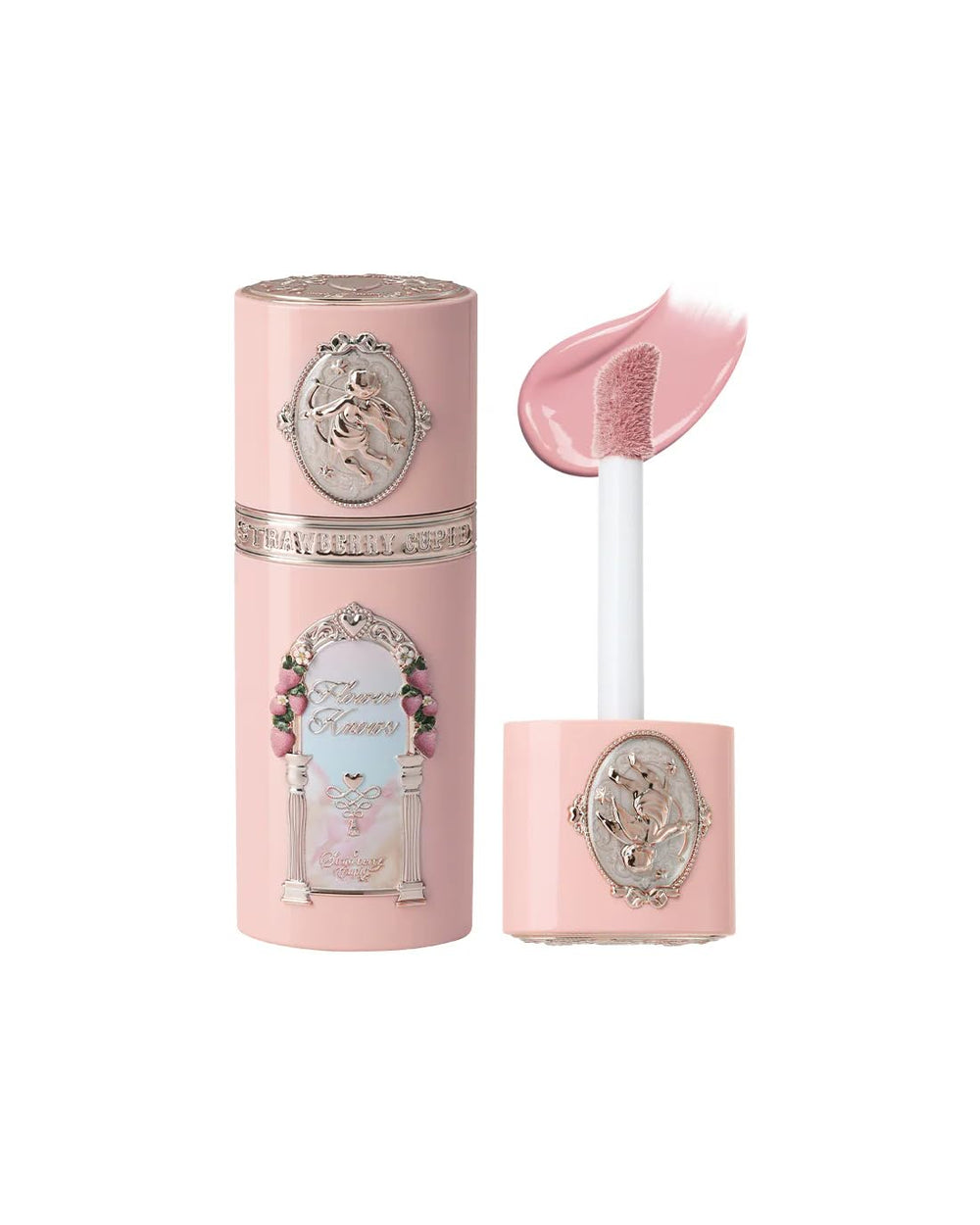 Flower Knows Strawberry Cupid liquid blush bottle shows Coastal Rose for dewy flush.