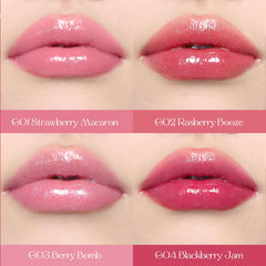 Flower Knows Violet Strawberry Rococo Glowy Lip Gloss lip swatch reveals sheer pink lilac shimmer