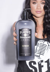 Floyd's 99 Refresh conditioner label closeup highlights color protection and detangling benefits.