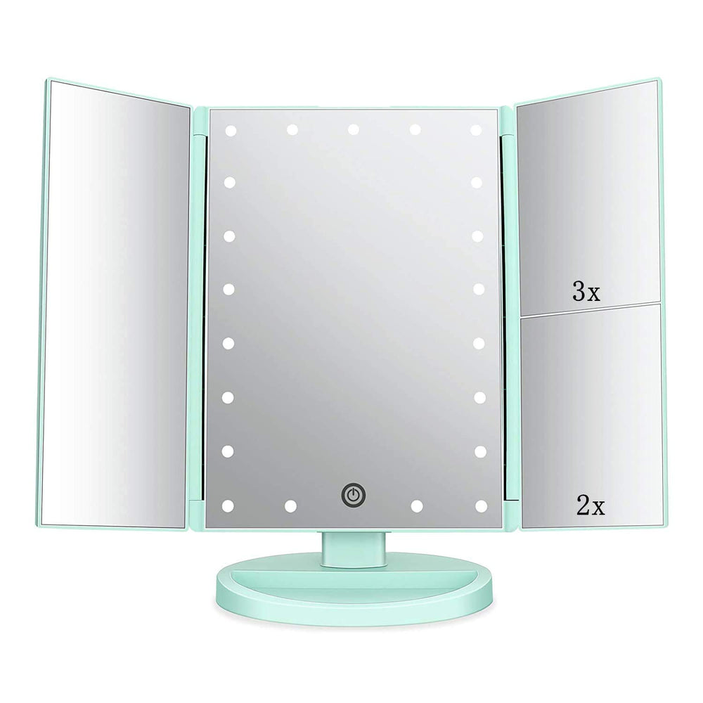 Flymiro tri-fold mirror showing 3x and 2x magnification for precise makeup application