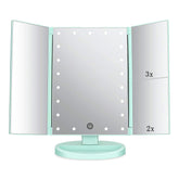 Flymiro tri-fold mirror showing 3x and 2x magnification for precise makeup application