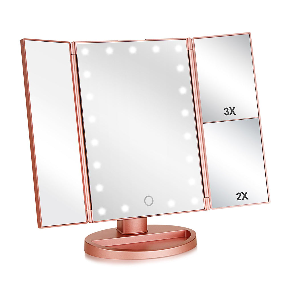 Flymiro tri-fold lighted vanity mirror in rose gold with angled view for precise makeup
