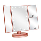Flymiro tri-fold lighted vanity mirror in rose gold with angled view for precise makeup