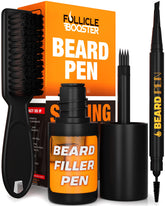 FOLLICLE BOOSTER beard pen 4-tip fork closeup shows precise blending for natural look.