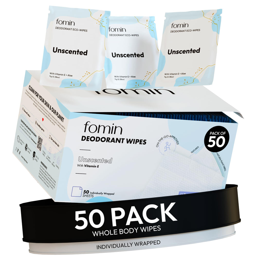 FOMIN Travel Deodorant Wipes unscented packaging provides pocket-sized freshness for on-the-go use.