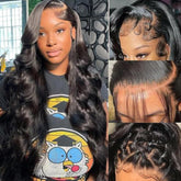 Fongly body wave lace front wig close-up shows natural hairline and seamless blend.