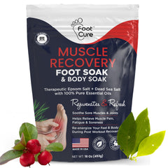 Foot Cure Foot Soak bottle pour evokes relaxing at-home spa ritual.
