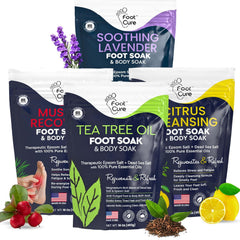 FOOT CURE premium epsom salt foot soak bottle highlights spa-like, relaxing foot care at home.