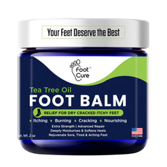 FOOT CURE Tea Tree Oil Balm packaging close-up highlighting hydrating formula.