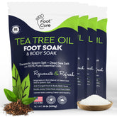 FOOT CURE Tea Tree Oil Foot Soak bottle closeup with soothing oils for tired feet