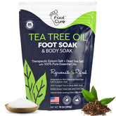 FOOT CURE Tea Tree Oil Foot Soak bottle closeup shows spa-grade hydration.