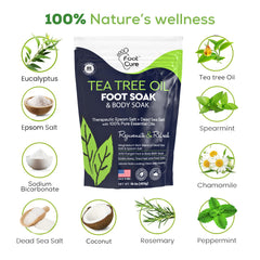 FOOT CURE Tea Tree Oil Foot Soak spa-pedicure scene implying premium home care.