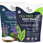 Foot Cure tea tree oil lavender soak bottle closeup for relaxing foot spa experience