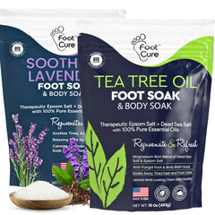 Foot Cure tea tree oil lavender soak bottle closeup for relaxing foot spa experience