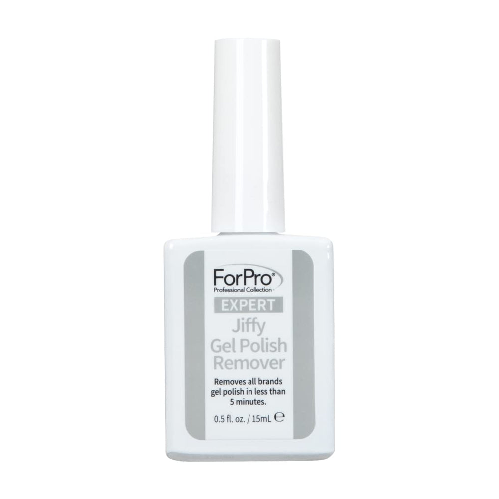 ForPro Expert Jiffy Gel Polish Remover bottle shown for quick gel removal benefits