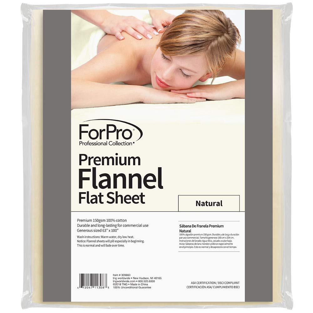 ForPro Premium Flannel Flat Sheet in natural on a massage table front view for warmth and coverage