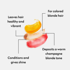 Four Reasons Color Mask Champagne Blonde bottle closeup highlights vegan formula and nourishing feel.