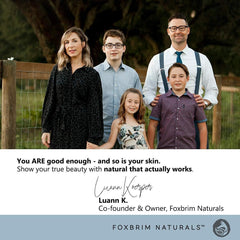 Foxbrim Naturals pump dispenser shows easy, soothing cleansing suitable for sensitive or dry skin