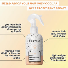 FoxyBae heat protectant spray bottle label close-up highlighting color-safe formula