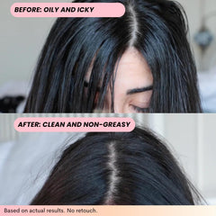 FoxyBae no-white-residue spray image emphasizes clean, powder-free look after use
