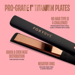 FoxyBae Trés Sleek flat iron plate closeup highlights titanium coating.
