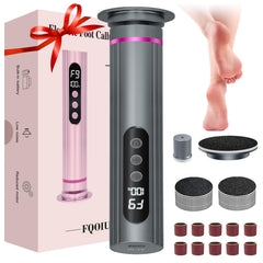 FQOIUD Electric Feet Callus Remover front view shows sleek aluminum body for a comfortable grip.