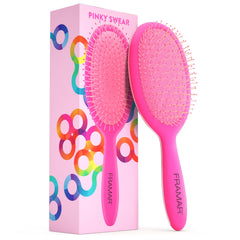 FRAMAR Detangling Brush pink-handle eases knots across all hair types.