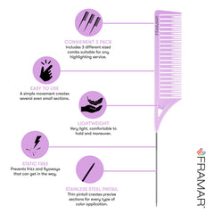 FRAMAR Dreamweaver three-size combs image highlights versatile sizing for multiple highlighting services.