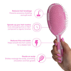 Framar pink-handled brush massaging scalp to boost circulation during brushing
