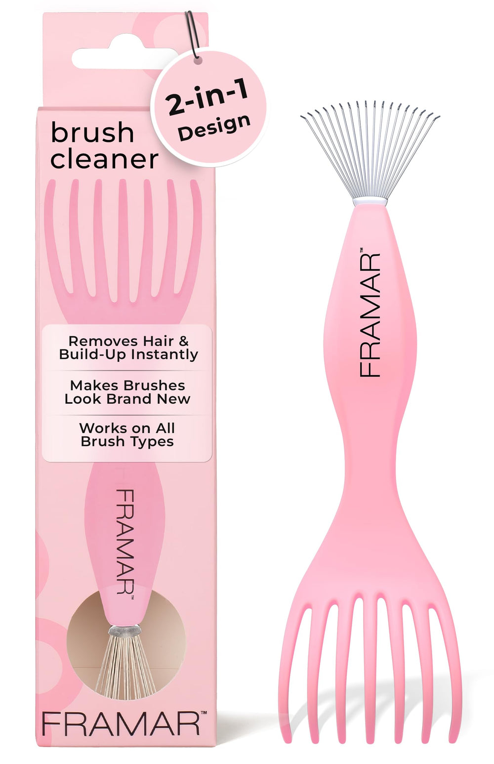 FRAMAR premium hair brush cleaner tool with wide comb for quick knot removal.