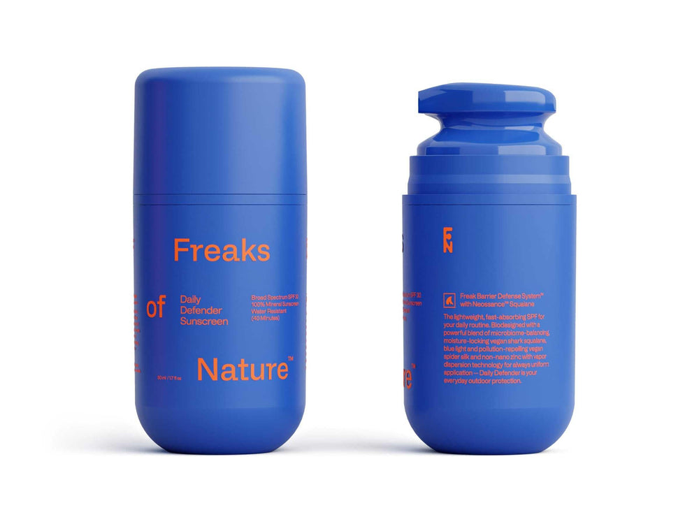 Freaks of Nature Daily Defender SPF 30 bottle for everyday mineral protection, lightweight feel