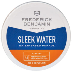 Frederick Benjamin Sleek Water Pomade bottle shows light hold and high shine