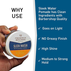 Frederick Benjamin Sleek Water Pomade on damp hair enables effortless styling