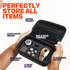 Freebird FlexSeries Travel Case open compartments showcase tailored layout for shaver and attachments.