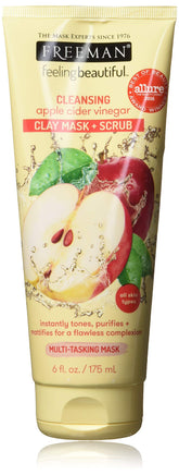 Freeman Apple Cider Vinegar Clay Mask tube shown for pore-purifying, multi-task skincare.