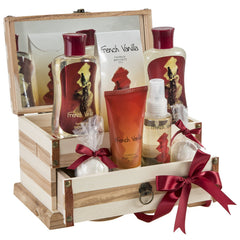 Freida and Joe vanilla bath set in wooden box — premium gift packaging for self-care.